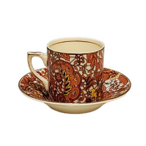 Vintage Alfred Meakin Demitasse Cup & Saucer Set Paisley Gold Trim Orange White